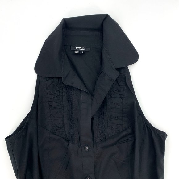 XOXO Long Button Down Black Shirt Sz Small Collared Sleeveless Belt Loops Cotton - Picture 2 of 8